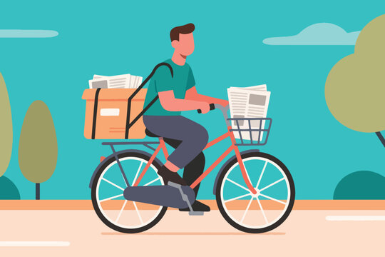 Cartoon newspaper delivery person on bicycle with baskets of papers riding outdoors with trees and sky.
