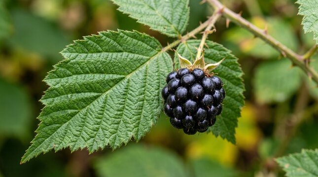 Ripe Blackberry Hanging on Thorny Stem with Green Leaves