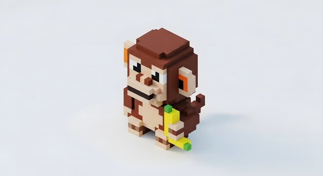 3D pixel art monkey holding a banana on a white background