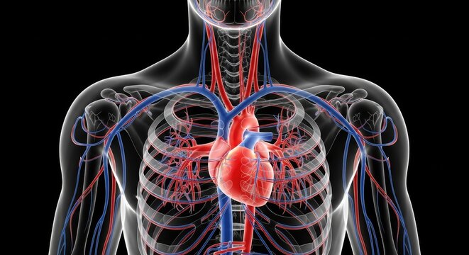 Meticulous 3D model of the human circulatory system displays the heart and major blood vessels within a transparent rib cage against a dark background.