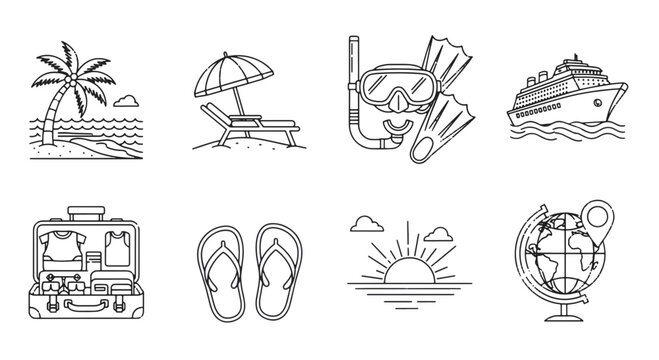 Collection of Line Art Icons for Summer Vacation and Travel on Transparent Background