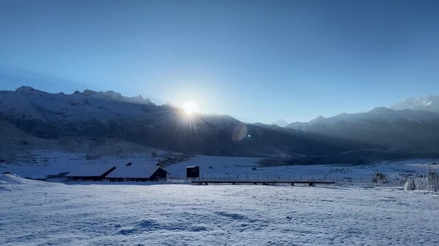 Captivating long time lapse showing the full process of the full moon setting and the subsequent golden sunrise light illuminating Kula Kangri peak over Puma Yumco Lake Tibet.
