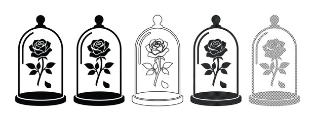 Minimalist rose cloche icons, 5 botanical glass dome vectors, floral silhouette collection © ArsiStudio