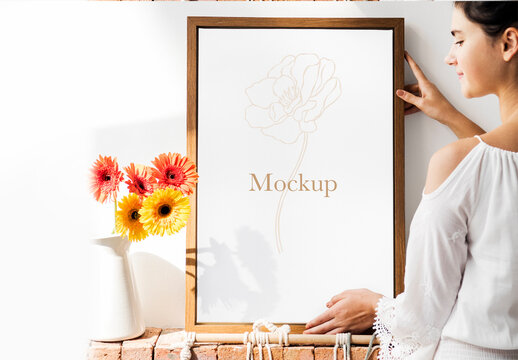 Framed Art Mockup With Flowers PSD
