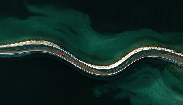 A winding road, bordered by snow, curves over dark, teal water