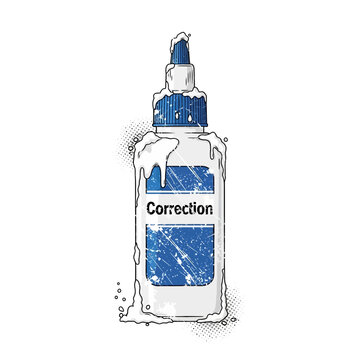 Correction fluid bottle with drips and distressed label