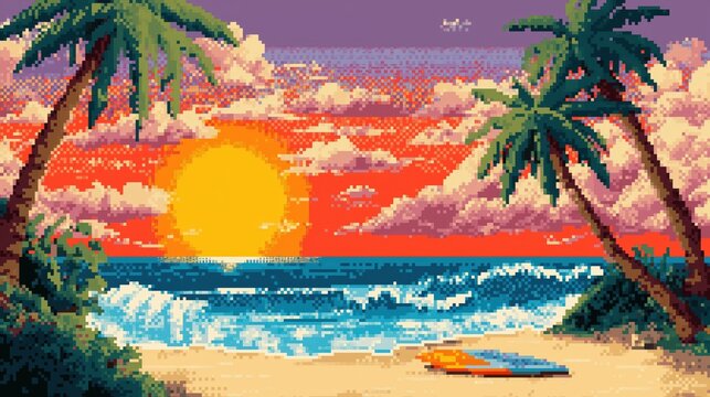 A pixel art sunset scene with palm trees, ocean waves, and a boat on a beach under a vibrant purple and orange sky.