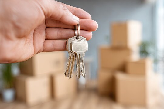 Hand holding keys in front of stacked moving boxes (3)