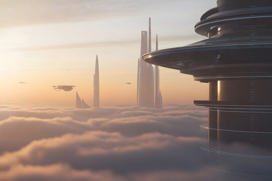 Futuristic cityscape, sci-fi architecture, cloudy skyline, space age buildings, futuristic landscape