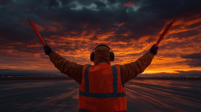 A person in an orange reflective vest guides with light batons on a runway at sunset under a dramatic, cloudy sky.