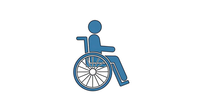 Simple blue silhouette of a person in a wheelchair on a white background