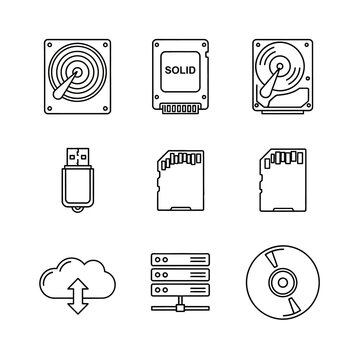 Data storage devices illustration hard drive ssd usb sd card cloud server