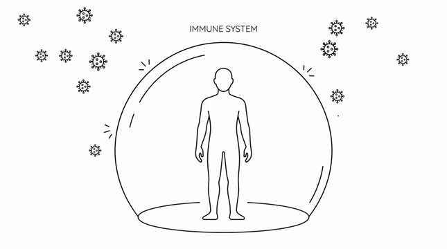 Human body protected by immune system shield from viruses. Vector illustration. Isolated on a white background.