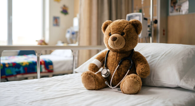 Cute Teddy Bear With Stethoscope Sitting On Hospital Bed