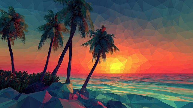 A low-poly digital art of a tropical sunset with palm trees silhouetted against a colorful ocean horizon.