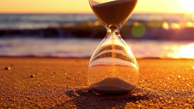 An antique sandglass instrument stands on the beach as a 3d concept of time passing, showing the flow of sand through the glass timer to measure a deadline or countdown