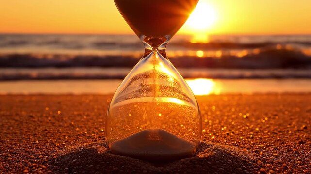 An antique hourglass rests on the beach sand as a vintage instrument to measure the passing flow of time and the countdown of every minute from the past into the future