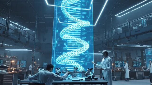 3d render of dna molecule merepresentasikan kemajuan sains dan teknologi industri dalam arsitektur medis yang mendukung produksi massa bagi rakyat di kota modern