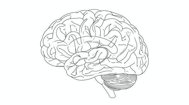 Detailed line drawing of human brain anatomy. Vector illustration. Isolated on a white background.