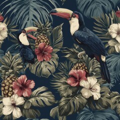 Naklejka premium Tropical pattern featuring toucans, hibiscus flowers, pineapples, and lush leaves on a dark background.