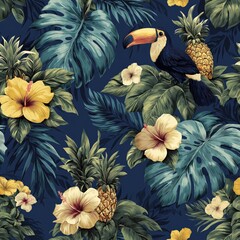 Naklejka premium A vibrant tropical pattern featuring toucans, pineapples, large green leaves, and yellow hibiscus flowers on a dark blue background.