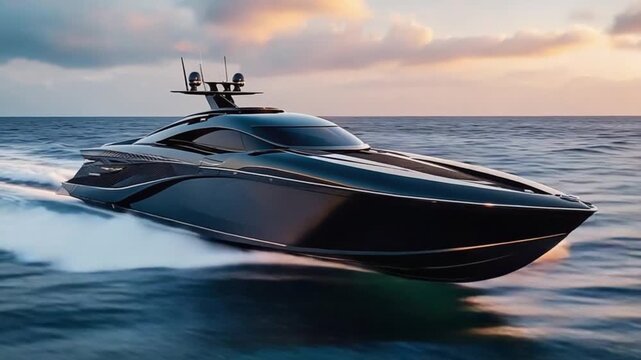 Luxury speedboat racing on calm ocean at sunset with golden reflections and dramatic sky
