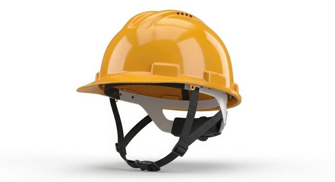 Yellow hard hat for construction safety, industrial protective headwear with chin strap, professional worker safety helmet for engineering and building sites isolated on White Background