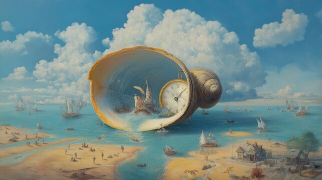 Surreal seascape with a giant conch shell revealing a clock and deer inside, surrounded by sailboats and a beach village under a cloudy sky.