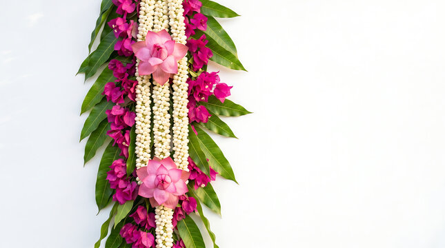 Traditional floral garland with pink lotus, bougainvillea, and jasmine buds isolated on a white background 