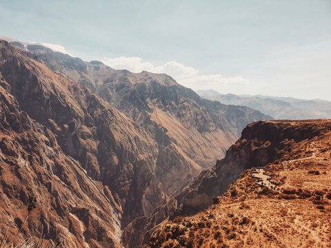 Colca Canyon in Peru with dramatic mountain landscape deep valley and viewpoint in Arequipa region South America