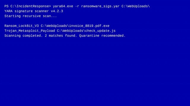 Malware analyst using YARA rules to scan and detect ransomware and trojan payloads in uploaded files on web server