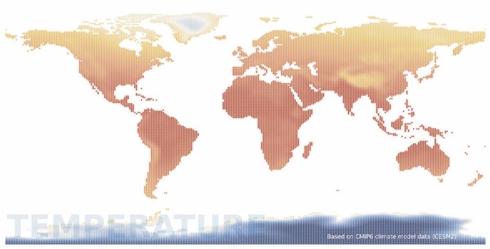 Stylized global map of 2025 land surface temperature patterns based on CESM2 CMIP6 climate model data, shown in a clean square-dot design with warm gradient tones.