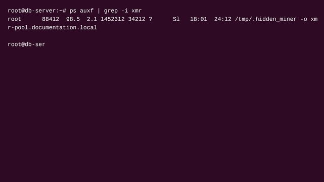 Cybersecurity incident response analyst hunting and killing hidden cryptocurrency miner malware process on compromised linux server