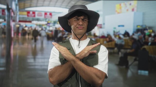 Man wearing wide brim hat and olive vest crosses arms in x refusal gesture while squinting in a busy airport departure terminal; defiance.