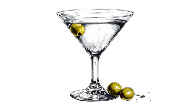 A clear martini with three olives in a stemmed glass, on a white background