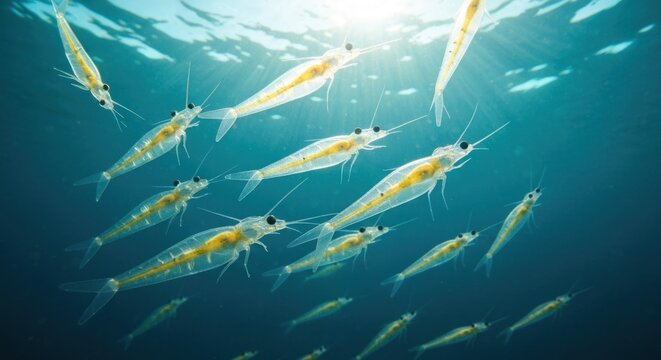 Transparent, tiny crustaceans swim through sunlit, azure waters