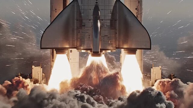 Close-up cinematic view of a rocket blasting off, fiery engine nozzles radiating molten orange light, turbulent smoke plume swirling beneath, subtle atmospheric haze, sunlight reflecting on metallic 