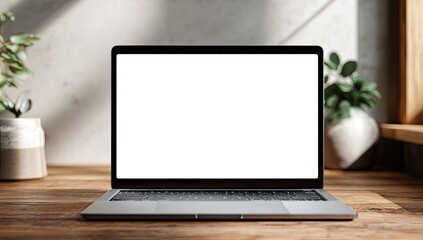 Fototapeta premium A modern laptop displays a blank white screen on a wooden desk
