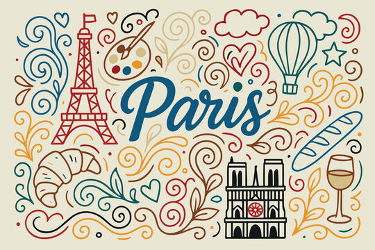 A creative vector doodle background with curved line art inspired by Paris, featuring stylized city elements, Eiffel motifs, and smooth flowing abstract compositions.