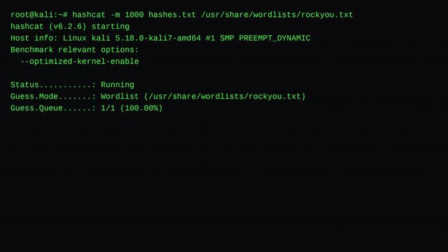 Password cracking software hashcat brute forcing NTLM hashes for cybersecurity forensic analysis and offensive security penetration test