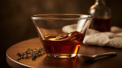 Fototapeta premium Warm honey resting in an angled glass bowl on a round wooden board, rich liquid gold surface with gentle wave motion, herbs, bottle blur and spoon accents in a cozy editorial food setting