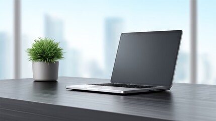 Fototapeta premium Minimalist Workspace with Laptop and Potted Plant in Soft Focus Background of Cityscape for Modern Office and Remote Work Environments