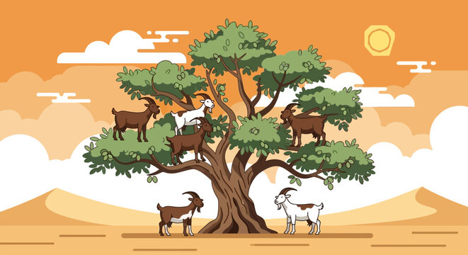Argan Tree Ecosystem with Climbing Goats Flat Design