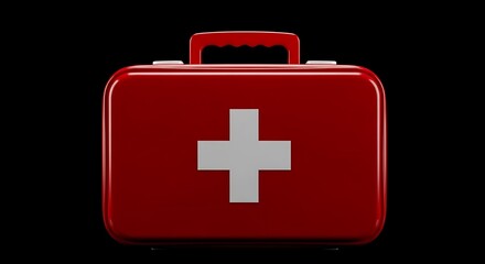 Fototapeta premium Shiny red first aid kit with white cross against a stark black background