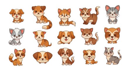 Fototapeta premium Adorable Cartoon Puppies and Kittens in Playful Poses.
