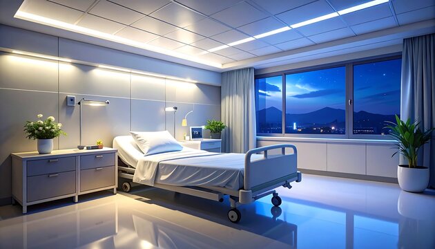 A serene hospital room with a single bed and city view