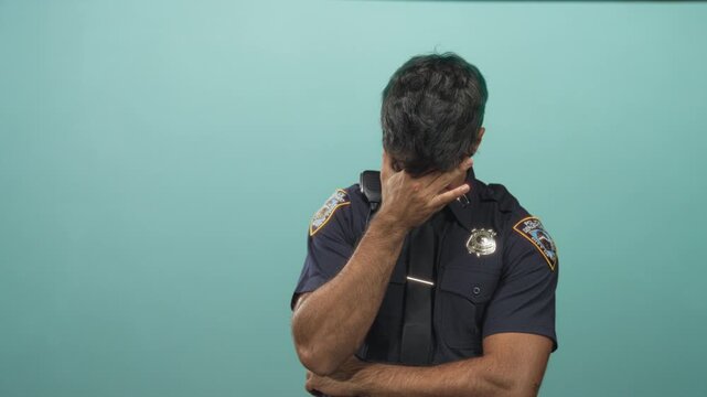 Young police officer man covering face with hand over eyes, wearing navy uniform with badge, shoulder patch and radio microphone against teal studio backdrop; stress duty.