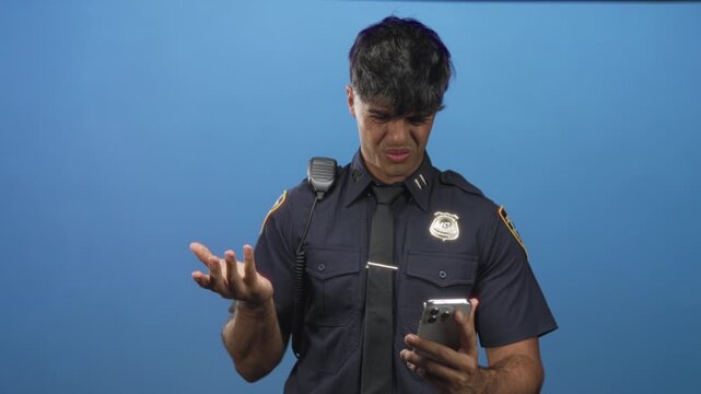 Police officer holding smartphone with palm up questioning gesture and strained grimace in studio; frustration.