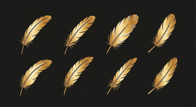 A collection of golden feathers on a black background